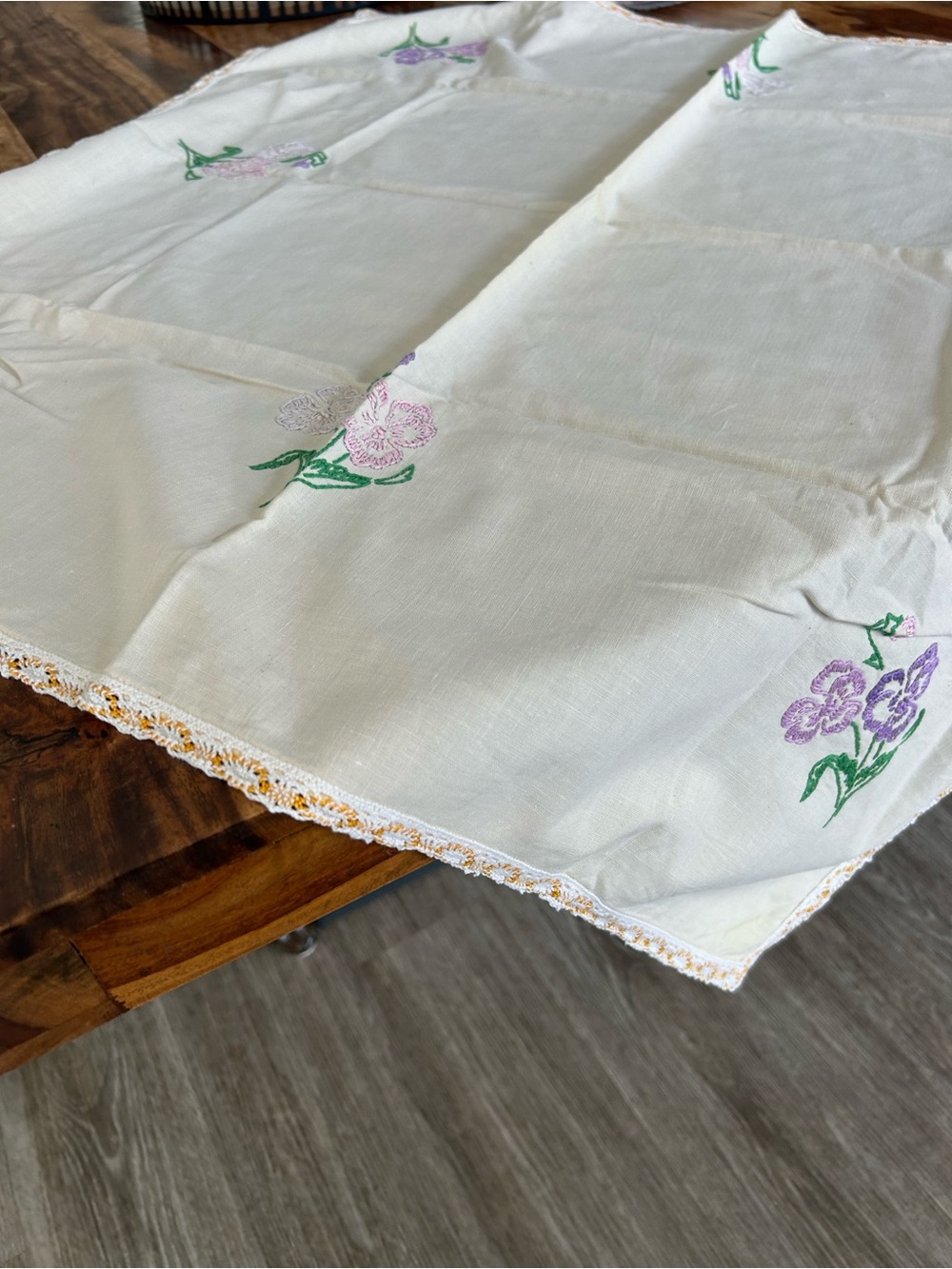 Embroidered Floral Tablecloth - Cream Flowers flawed 33”x36”